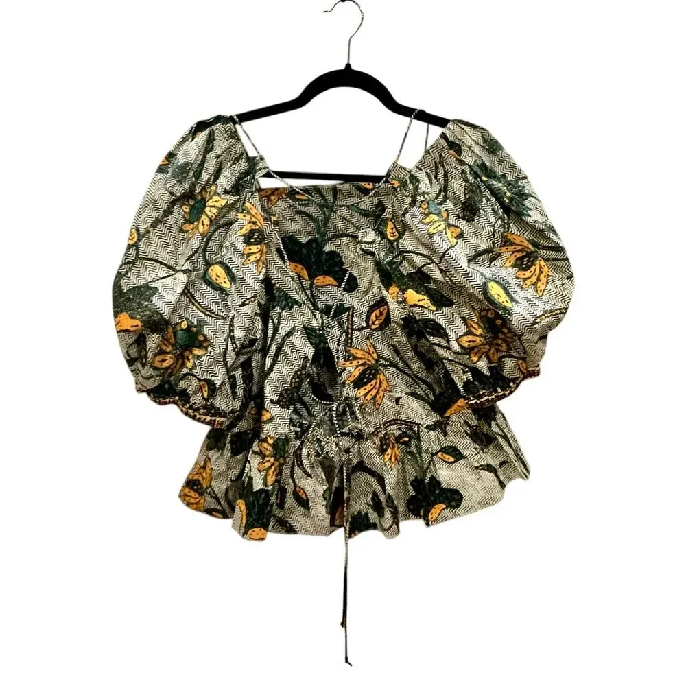 Ulla Johnson Carlotta‎ Blouse Puff Sleeve Cotton Portofino Print Size 14